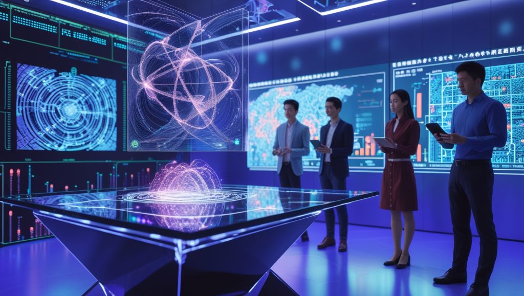 Futuristic AI-powered marketing command center with holographic quantum computer, marketers analyzing data streams, and quantum algorithms optimizing ad delivery and consumer targeting