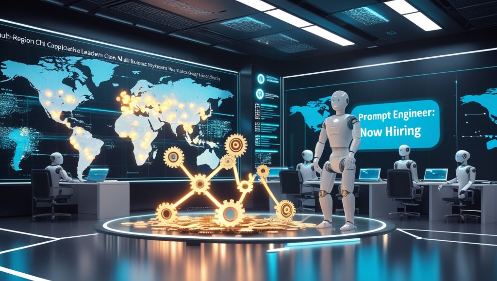 Futuristic AI-powered control room with global chip supply chain maps, ethical AI framework interface, and humans working alongside robots, symbolizing infrastructure diversification, ethical guardrails, and workforce evolution in the AI era.