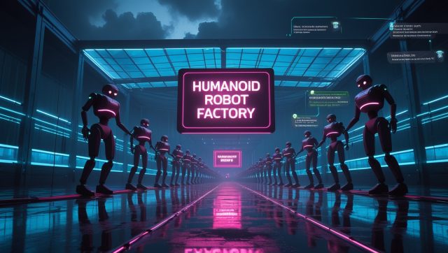 Cyberpunk-style digital illustration of a futuristic humanoid robot factory with glowing neon lights, showcasing humanoid robots assembling NVIDIA Blackwell AI servers in a Foxconn facility, with AR data panels displaying production metrics and digital twin technology in a 2026 Texas setting.