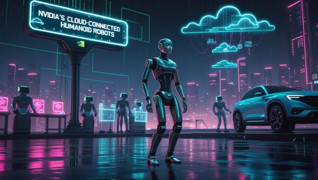 Nvidia cloud-connected humanoid robots powered by AI and DGX Cloud at futuristic factory, showcasing RTX PRO 6000 and Isaac GR00T technology at Computex 2025