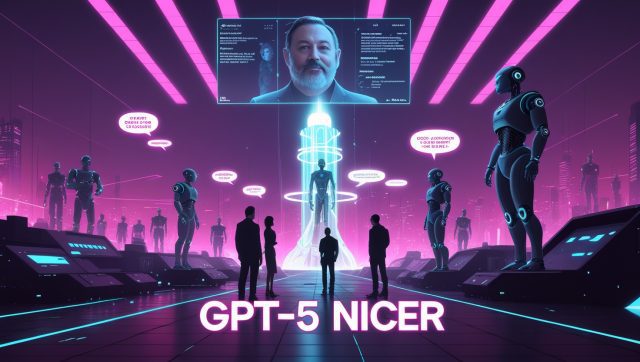 Cyberpunk digital illustration with neon pinks and purples showing glowing text “GPT-5 Nicer.” Futuristic AI core projects phrases like “Good question” and “Great start,” symbolizing OpenAI’s August 2025 update for a friendlier GPT-5 personality.