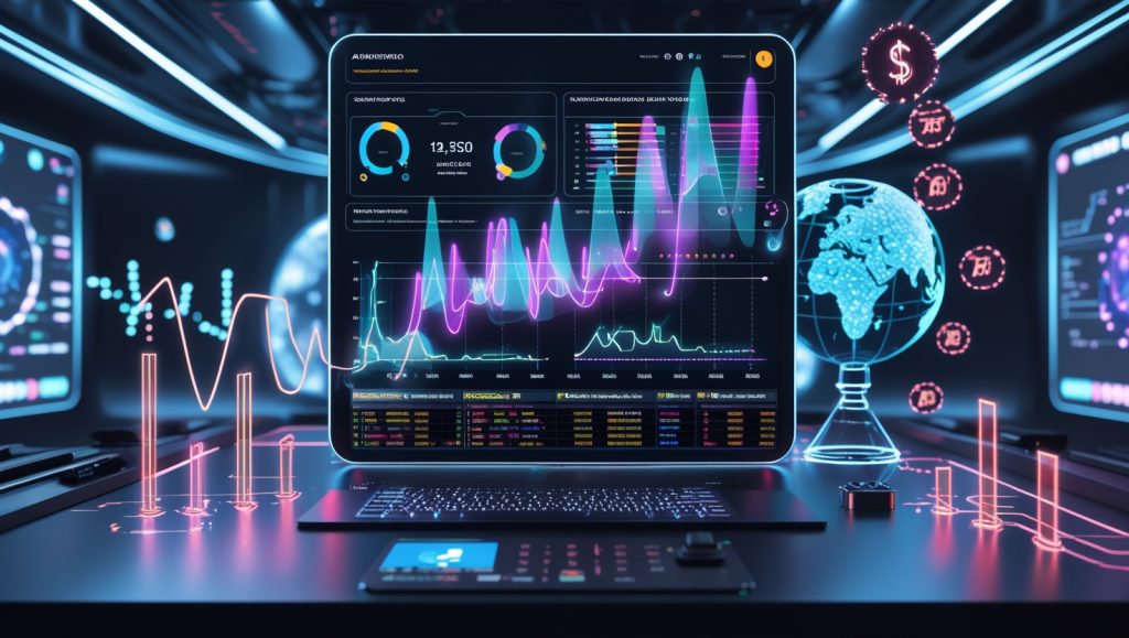 Futuristic AI-powered marketing dashboard showing real-time ad bidding, budget optimization heatmaps, and quantum algorithm data streams for efficient digital ad spend.