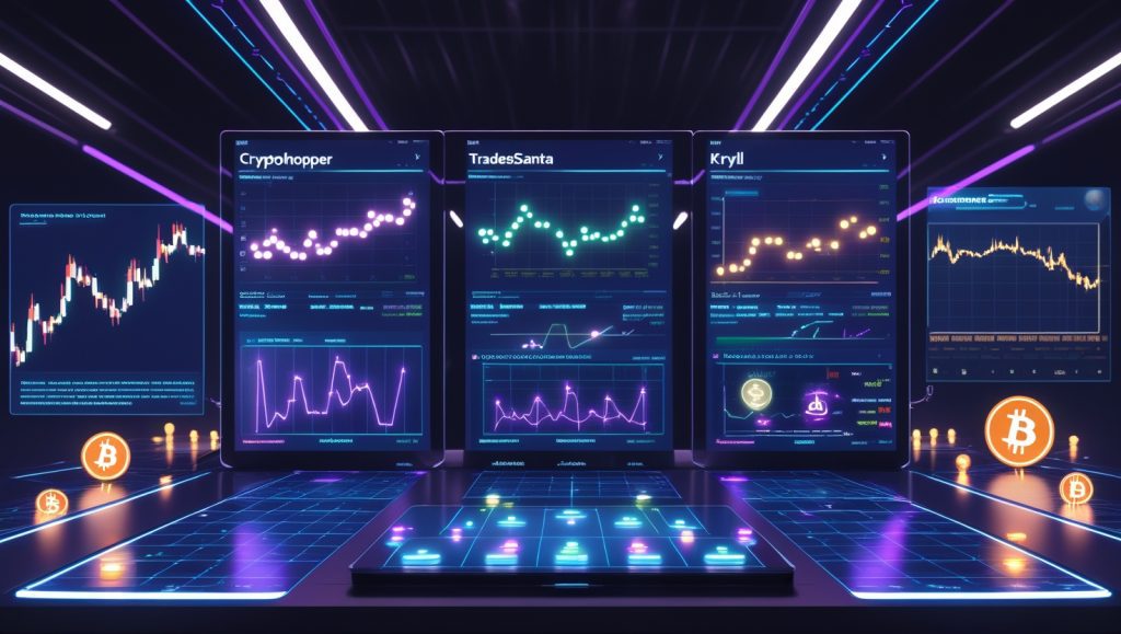 Futuristic AI trading systems dashboard visualizing automated crypto strategies with Cryptohopper, TradeSanta, 3Commas, Kryll, and Pionex; featuring neural networks, DeFi yield farming, cross-exchange arbitrage, and real-time market adaptation.