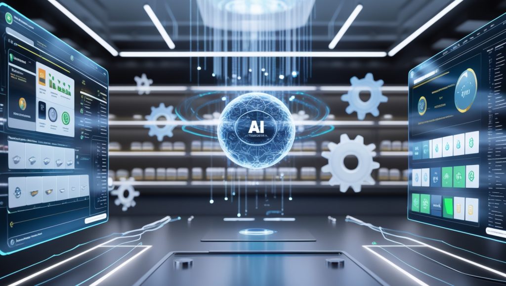 AI-powered B2B commerce dashboard showing personalized product catalogs for procurement managers and ROI analytics for executives, with dynamic holographic interfaces and composable AI modules for enhanced buyer experience