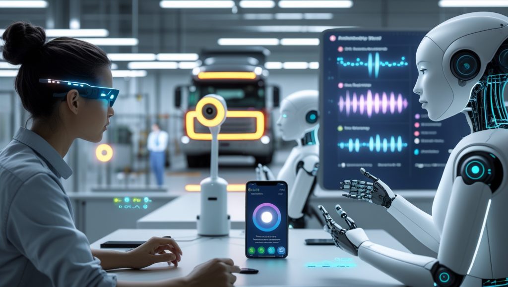 Futuristic workplace with eye-tracking glasses, thermal sensors, and AI robots using light cues to monitor fatigue and synchronize tasks in healthcare, transportation, and factory settings