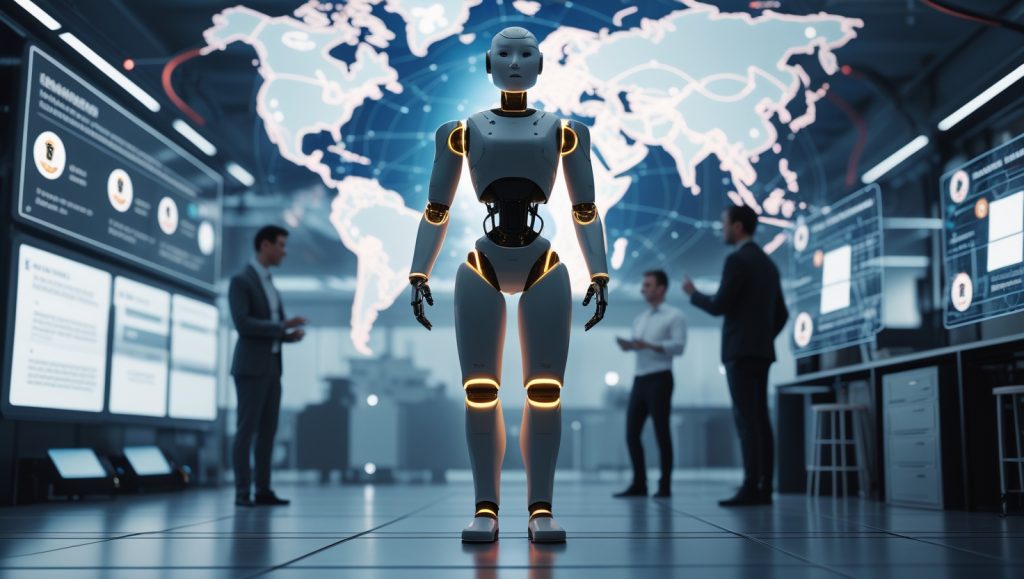 Futuristic humanoid robot with glowing hardware safety limiters in a high-tech lab, surrounded by transparent digital failure reports and global certification icons, illustrating advanced safety engineering and transparent incident monitoring for responsible humanoid robot development.