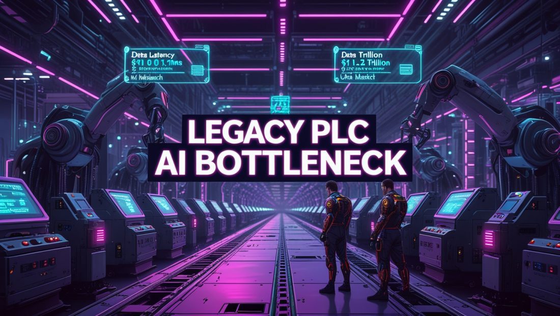 Cyberpunk-style digital illustration of a futuristic automotive factory with neon pink and blue lights, highlighting the Legacy PLC AI Bottleneck where outdated PLCs cause AI data latency, glitchy dashboards, and halted robotic arms.