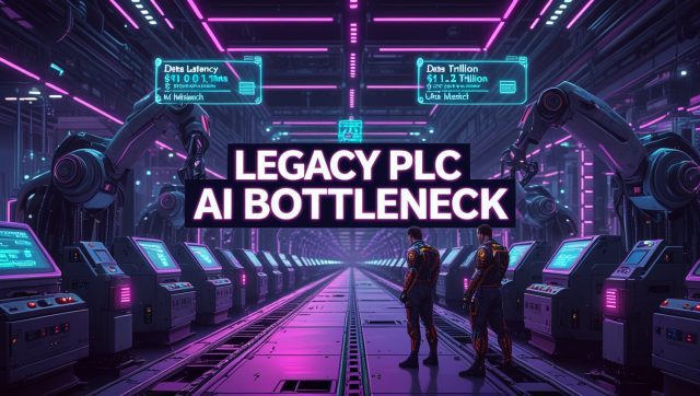 Cyberpunk-style digital illustration of a futuristic automotive factory with neon pink and blue lights, highlighting the Legacy PLC AI Bottleneck where outdated PLCs cause AI data latency, glitchy dashboards, and halted robotic arms.