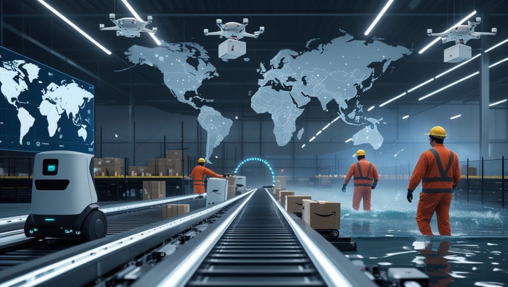 Futuristic Amazon warehouse with Vulcan robots sorting packages, drones launching for same-day delivery, and human workers rerouting shipments during a storm, highlighting advanced automation and human-robot collaboration in e-commerce logistics.