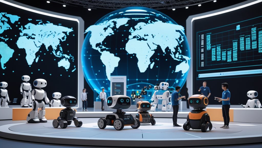 Open-source robots showcased at global tech summit with students and engineers collaborating, symbolizing Hugging Face's 2025 mission for democratized robotics, real-world data generation, and industry standardization