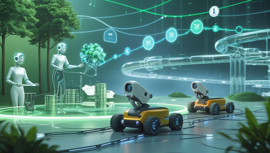 Futuristic B2B commerce hub with autonomous AI agents negotiating contracts, blockchain-powered circular supply chain, and robotic systems managing ethical sourcing and sustainability.