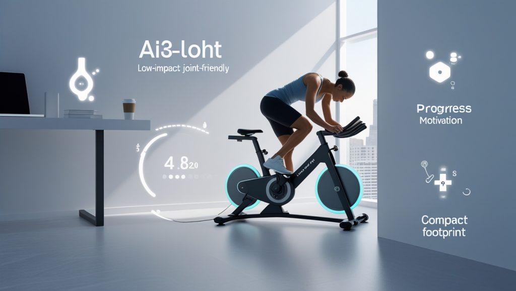 AI-powered compact stationary bike in a modern home office setting, showing digital workout stats, highlighting time-efficient, low-impact exercise benefits for metabolic health and motivation.