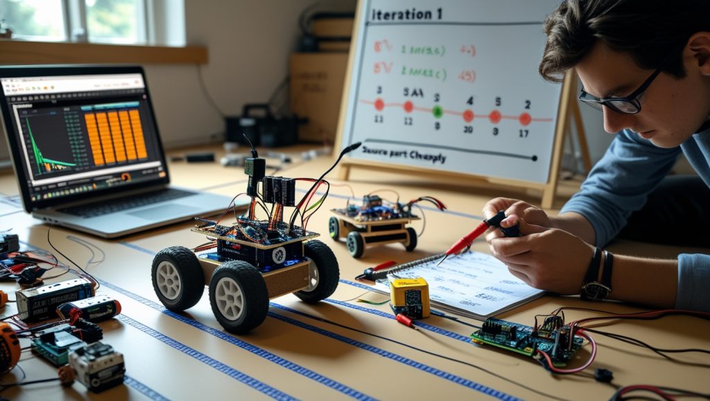 Beginner testing small DIY wheeled robot on flat surface with live sensor data and code debugging on laptop, checking wiring and refining prototype in robotics workshop