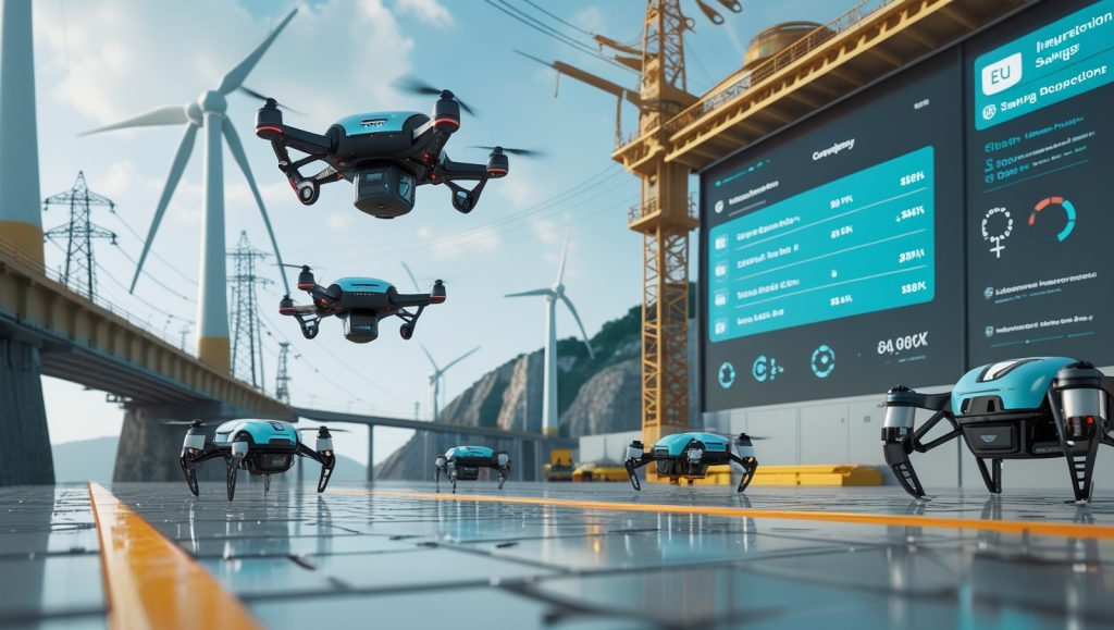 Autonomous drones with robotic arms inspecting infrastructure like bridges and wind turbines, representing the rise of the low-altitude economy driven by labor shortages, EU regulations, and insurance incentives in 2025.