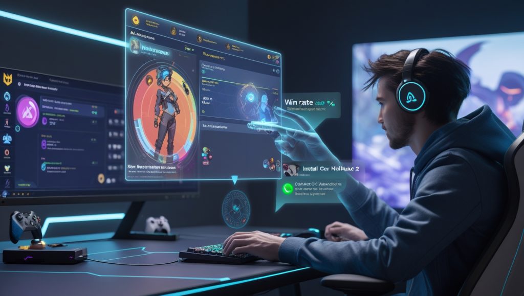 Futuristic AI gaming assistant analyzing Overwatch 2 replays with strategy tips, automating Xbox game installation, and displaying creator guide credits in a high-tech gaming setup.