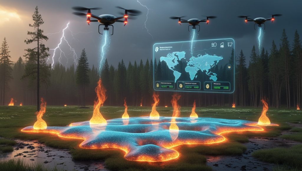 Futuristic wildfire prevention with drones deploying fire-inhibiting microbes, blockchain-based forest risk maps, and reactive DARPA hydrogels generating fire-retardant compounds in a smart forest environment, 2030 technology concept.