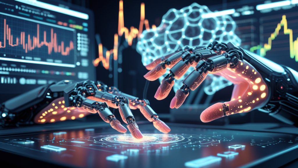 Futuristic robotic hand with AI-powered tactile sensors processing EIT data, edge computing modules filtering signals, and cloud-based neural networks translating touch patterns in a high-tech lab environment.