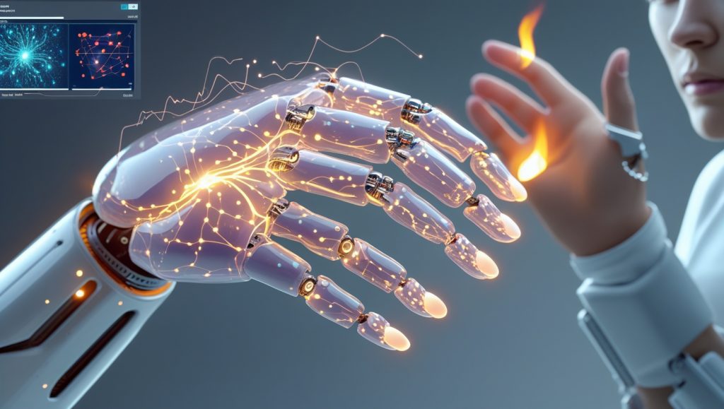 Futuristic robotic hand with seamless hydrogel skin sensing heat, pressure, and texture, showcasing real-time AI processing for advanced touch sensitivity in prosthetics and robotics.
