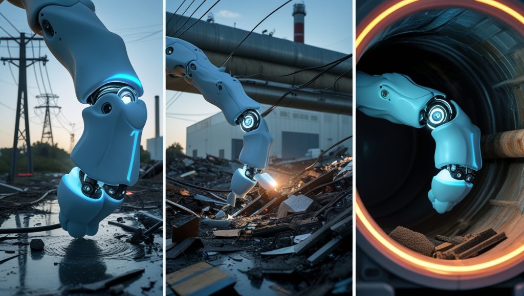 Bio-inspired flexible robotic arm navigating power lines, debris, and confined spaces using elephant trunk mechanics with shape-memory alloys and electro-adhesive skin