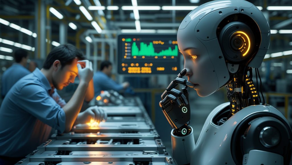 Futuristic automotive factory with robots emitting amber light pulses to reduce worker fatigue, highlighting the impact of biologically inspired robotics on human efficiency and error reduction.