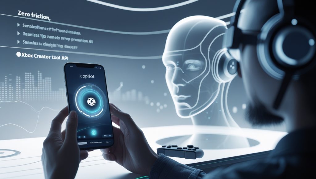AI-powered Xbox Beta app interface showcasing seamless cloud gaming on Android, with Copilot assistant enabling proactive support and Xbox Creator API integration in a futuristic, minimal design.