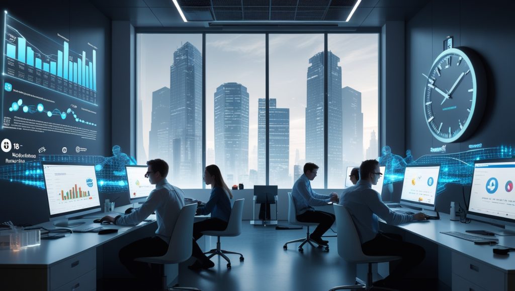Researchers collaborating in a modern Montréal office with digital funding charts, representing nonprofit AI safety team LawZero supported by Schmidt Futures, Skype co-founder Jaan Tallinn, Future of Life Institute, and Open Philanthropy, emphasizing mission-driven innovation against large corporations.
