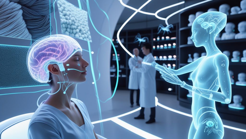 "Futuristic neurohaptics lab showing a patient wearing a neural interface cap connected to a haptic-feedback vest, with digital avatars simulating touch in a virtual environment, representing advancements in direct neural interfaces and the future of immersive sensory technology.