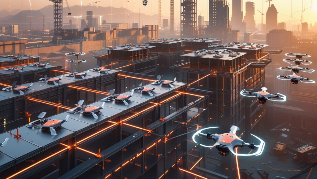 Swarm of advanced aerial construction drones assembling a multi-story building at sunrise, showcasing next-gen solid-state batteries and AI-powered coordination on a futuristic urban site