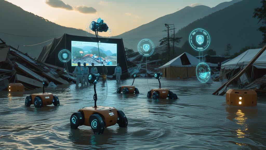 Fluid rescue robots navigating a flooded disaster zone with AI-powered mapping and modular actuators, rescuing survivors amid debris, showcasing future emergency response technology by 2030