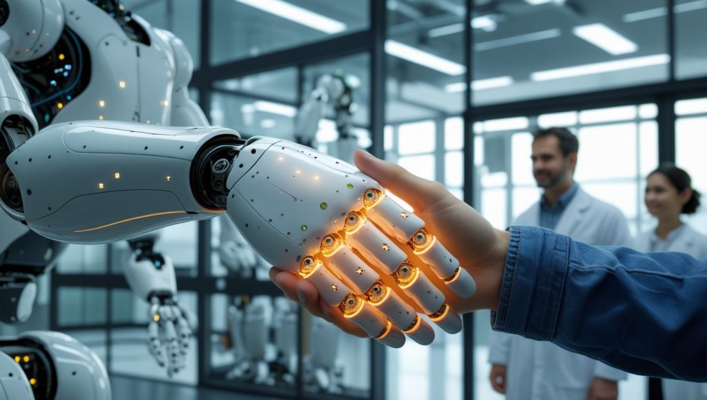 Robotic hand performing a human handshake in a high-tech Cambridge lab, showcasing real-time grip adjustment with tactile sensors for natural human-robot interaction.
