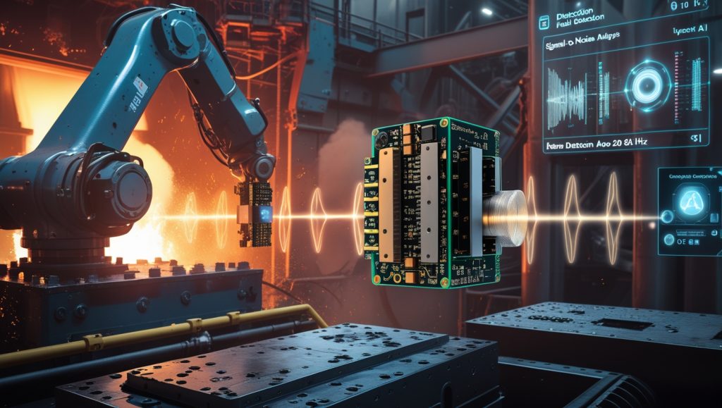 Rugged MEMS microphones embedded in industrial machinery at a steel mill, capturing ultrasonic acoustic data for AI-based fault detection, with real-time signal analysis and durable sensor design for extreme environments.