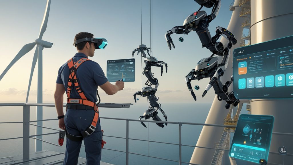 Human technician overseeing autonomous climbing robots inspecting industrial infrastructure, showcasing human-AI collaboration for safer, more efficient operations in 2025