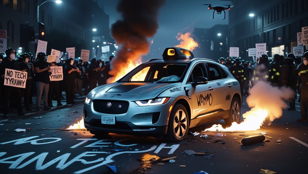 Burned and vandalized Waymo self-driving car with protest graffiti during civil unrest, firefighters responding to lithium-ion battery fire, symbolizing autonomous vehicle surveillance concerns and technological vulnerability
