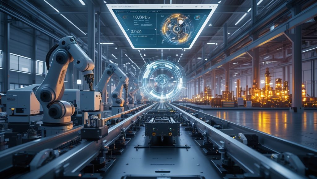 Futuristic automated factory with AI-powered robotics and real-time analytics, showcasing Lena’s high-performance Stuttgart plant with tenfold output and zero defects, symbolizing the benefits of industrial integration.