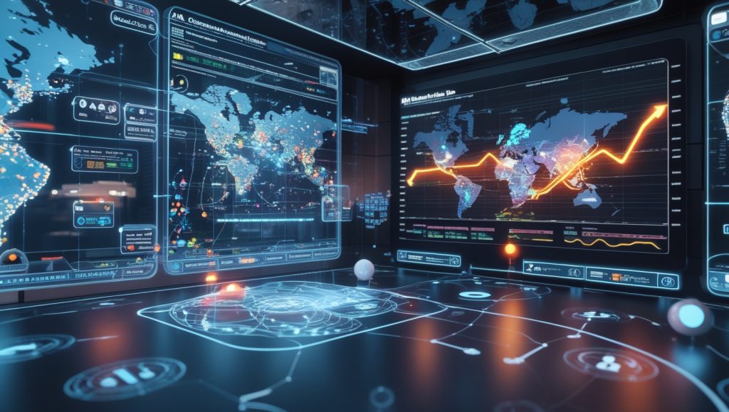 AI-powered supply chain control center analyzing satellite data, shipping routes, and factory operations to autonomously predict disruptions and optimize global production for companies like Nike in 2025