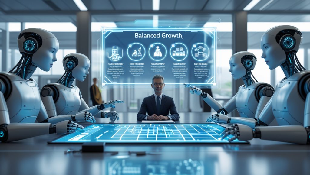 Humanoid robots and human policymakers collaborating on automation policy, showcasing Pell Grant expansion, hybrid workforce tax incentives, and national safety standards for ethical robotics integration