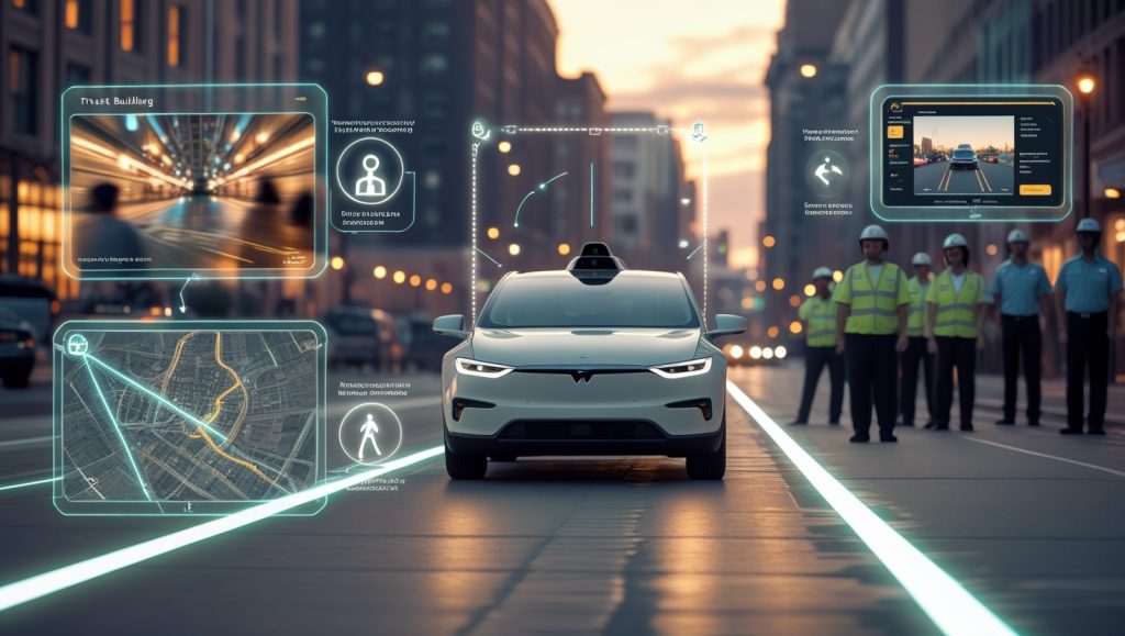 Futuristic city with Waymo car, holographic trust icons, geofenced protest avoidance, and community training, symbolizing ethical autonomous vehicle integration.