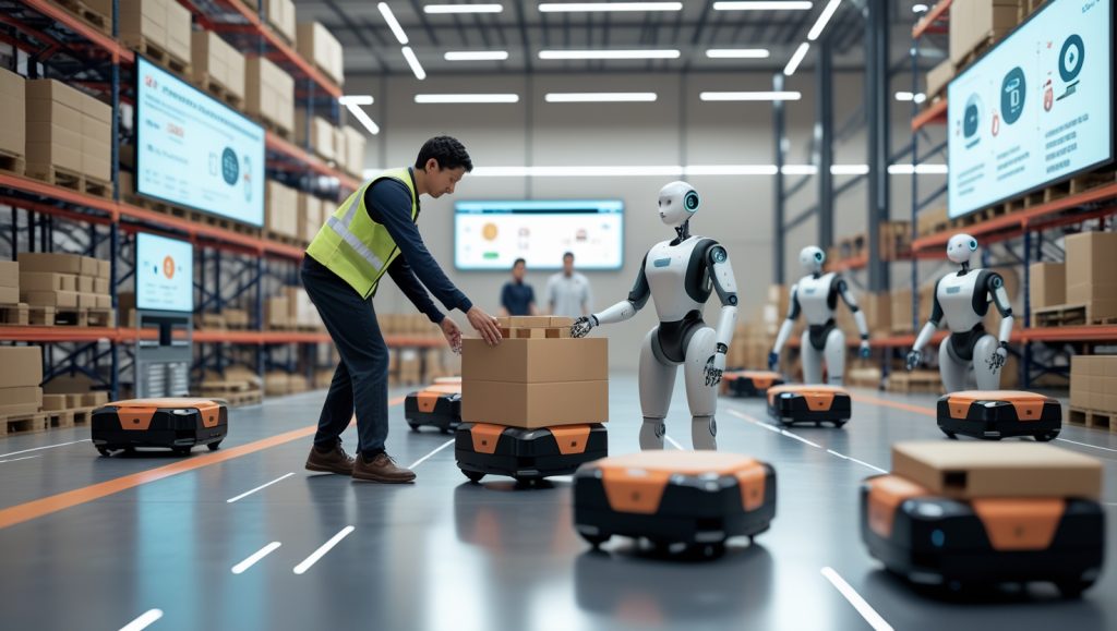 Human worker collaborating with tactile robot in a high-tech warehouse using autonomous shelving systems and robotic assistants, showcasing future of logistics automation and workforce upskilling