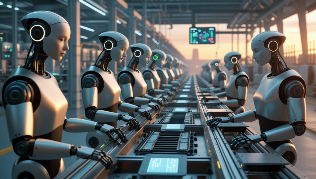 Humanoid robots assemble electric vehicles in a high-tech U.S. factory as a few human technicians oversee operations from digital consoles; holographic displays show real-time automation data in the background.