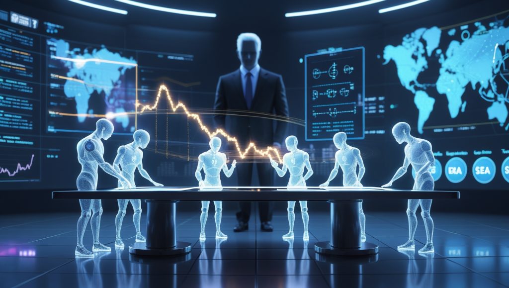 Futuristic AI-powered trading floor with holographic assistants drafting IPO filings, quantum computing data visualizations, and ethical AI frameworks under SEC guidelines, representing AI's role in 2026 IPO processes.