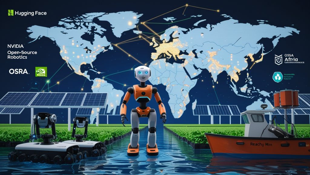 Open-source robots like HopeJR and Reachy Mini used in global collaborations for education, agriculture, and underwater exploration, showcasing tactile sensors, solar power, and ethical AI with partners like Hugging Face, NVIDIA, and OSRA