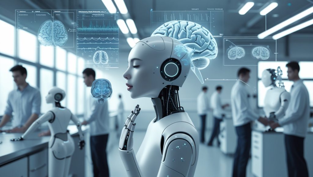 Human worker synchronizing with a rhythmically moving robot in a futuristic lab, illustrating mirror neuron activation and neurophysiological response to robotic cues through EEG and brain scan overlays