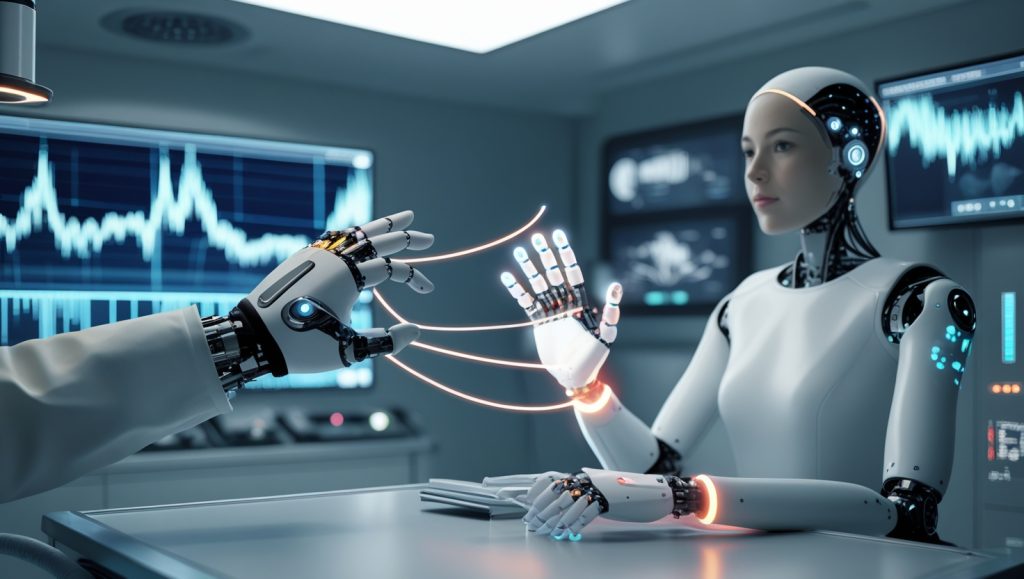 Telepresence haptic avatar system with human operator using tactile gloves to control a robotic hand remotely, featuring force feedback, AI synchronization, and advanced tactile sensors for precise remote interaction in healthcare or industrial settings.