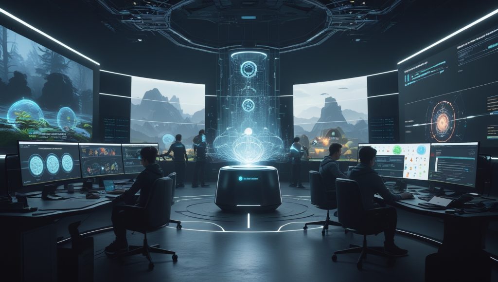 Futuristic AI-powered game development studio with holographic tools, developers collaborating with intelligent systems, and a glowing supercomputer silently driving creative workflows in 2027