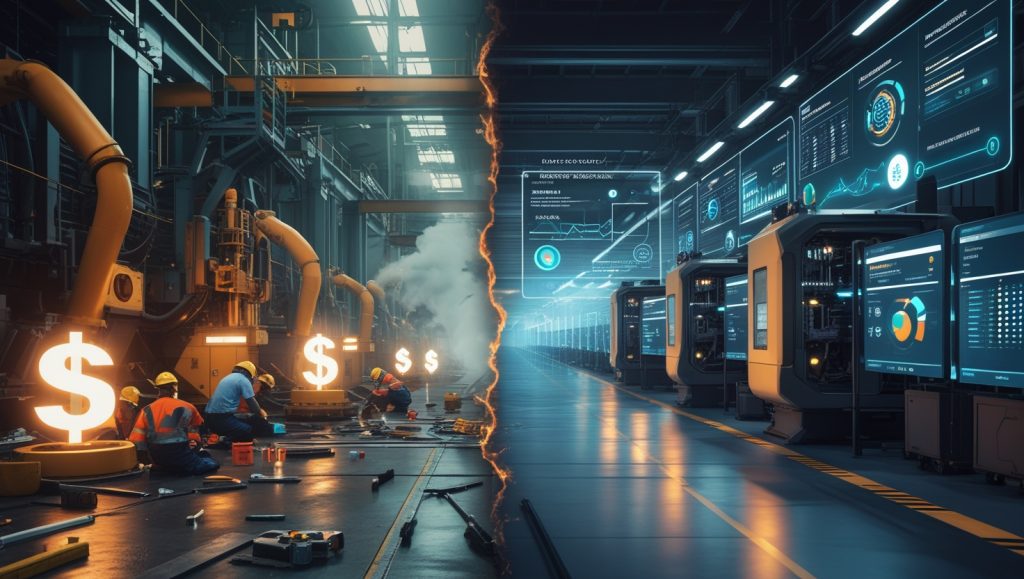 AI-powered predictive maintenance system reducing unplanned downtime and emergency repair costs in an industrial facility, contrasted with traditional reactive maintenance setup