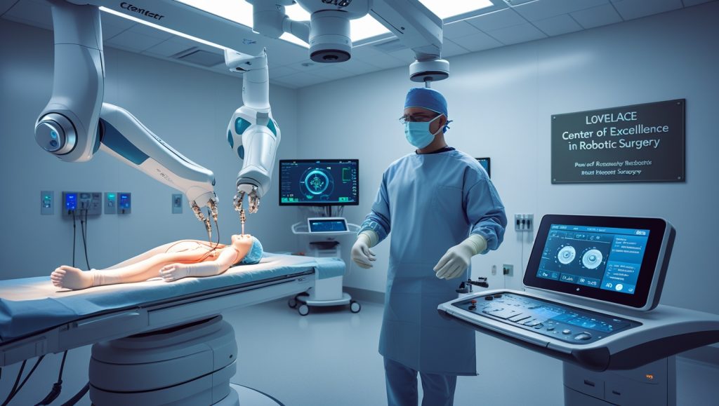 da Vinci 5 robotic surgery system performing minimally invasive procedure at Lovelace Hospital, showcasing advanced surgical robotics with tactile feedback, short recovery times, and precision control