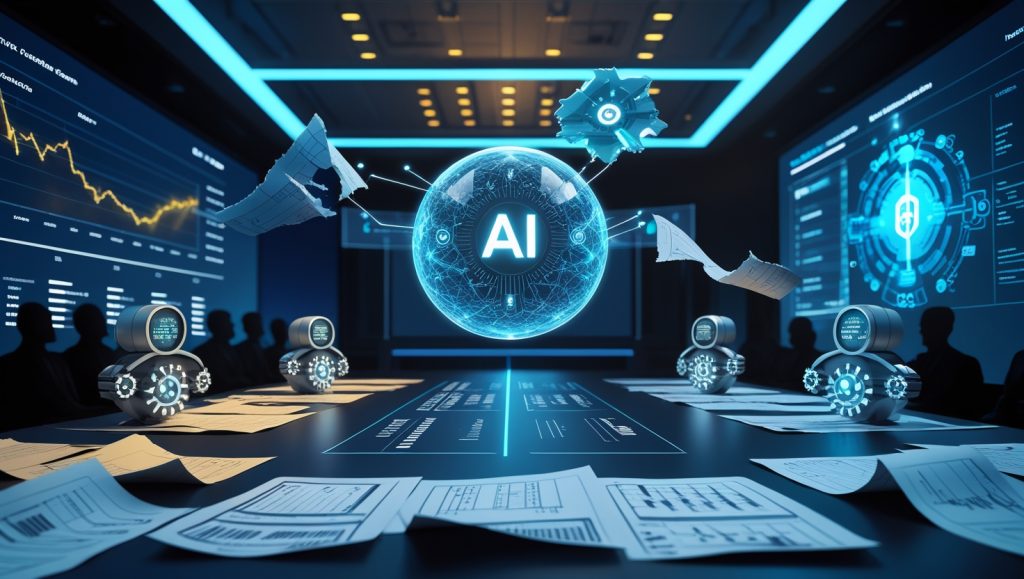 AI-driven IPO readiness dashboard displaying real-time financial data, ESG metrics, and compliance updates in a futuristic finance room with predictive analytics and investor projections