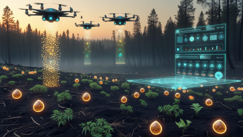 Autonomous drones planting diverse native seed pods in a wildfire-scarred forest using AI and LiDAR, with real-time data recorded on a carbon-neutral blockchain for verified carbon credits and ecological restoration.