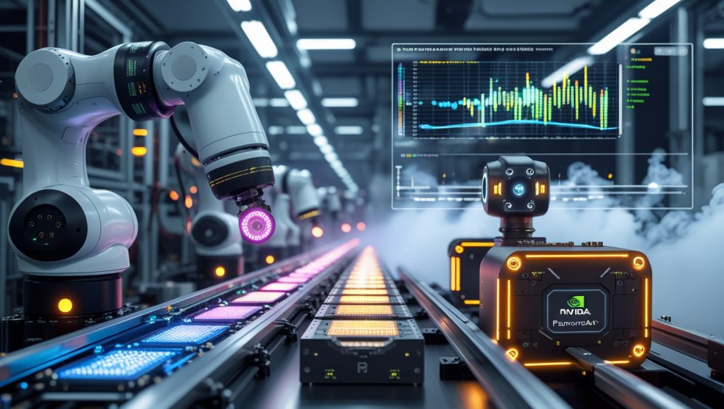 Industrial robotic arms using hyperspectral imaging, ViSWIR lenses, and event cameras for high-speed defect detection on semiconductor assembly lines, with edge AI processing and PanoRadar sensor fusion for real-time navigation in low-visibility environments.