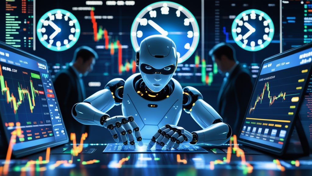 AI trading bot executing real-time cryptocurrency trades across global markets with dynamic price charts, data streams, and international time zones highlighting the urgency of automated crypto trading